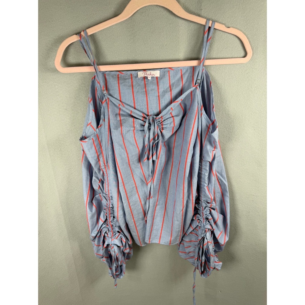Parker Blouse Women Extra Small Blue Striped Ruched Tie Front Cotton EUC Preppy
